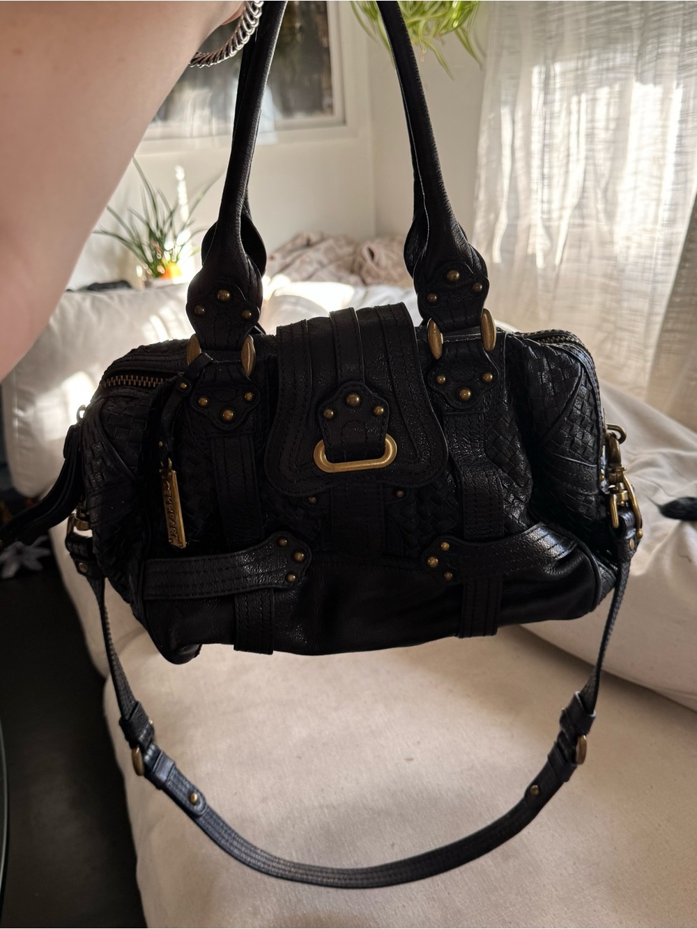 Lockheart Black Leather Braided Studded Satchel Handbag - Picture 2 of 9